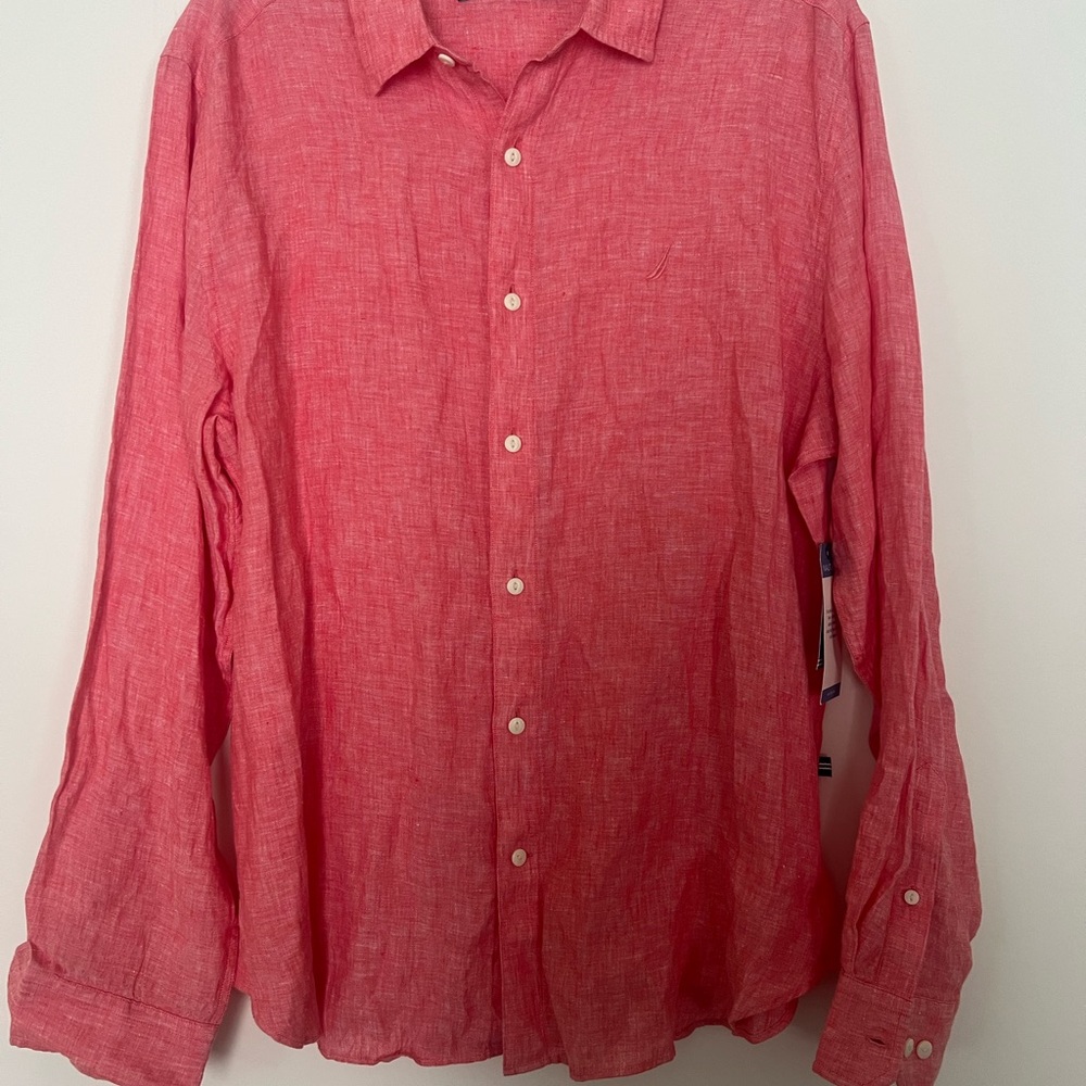 Nwt Nautica Men's Large Coral Orange/red 100% Linen Long sleeve Button Up